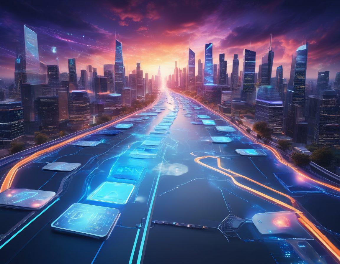 A roadmap winding through a digital landscape filled with various data backup symbols like clouds, hard drives, and shields representing data integrity. Include vibrant colors to signify security and reliability, with arrows guiding the way forward. A backdrop of a futuristic city skyline to denote technology. super-realistic. vibrant colors. 3D.