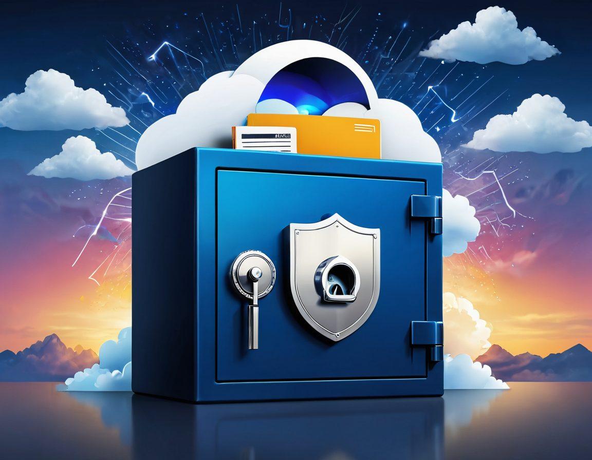 A visually striking illustration of a safe with files and folders being protected by a digital shield, symbolizing secure file management. Include elements like storm clouds in the background representing disasters, and a clear, bright sky emerging, indicating recovery. Add icons or small graphics of strategies like backup systems, cloud storage, and recovery plans surrounding the safe. The overall tone should evoke safety and clarity, with a modern and tech-savvy look. vibrant colors. super-realistic.