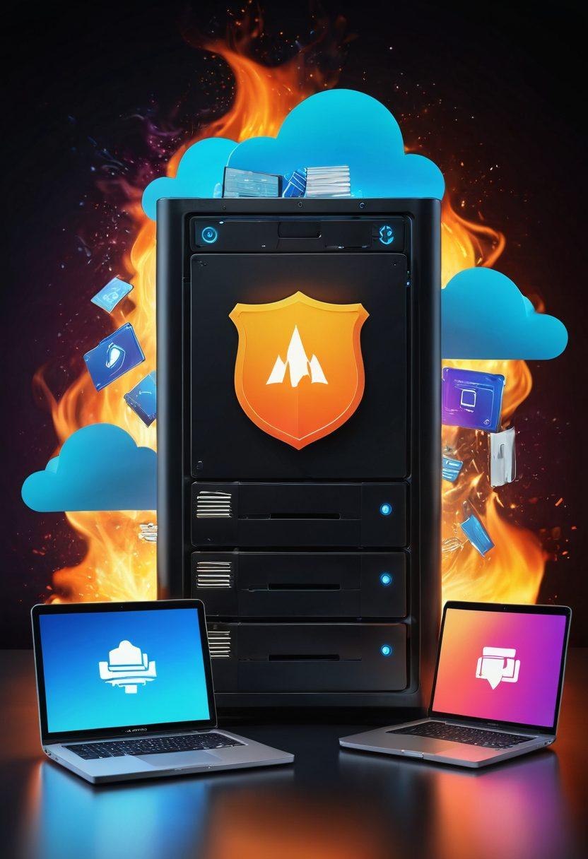 A visually striking desktop setup featuring a computer with a partially open file recovery software interface, stacks of external hard drives, and a digital cloud symbol floating above. Include a glowing shield symbolizing data protection, surrounded by floating digital files and flames, representing data loss. The backdrop should depict a mix of chaotic data streams and organized file icons, providing a contrast between order and chaos. vibrant colors. super-realistic.